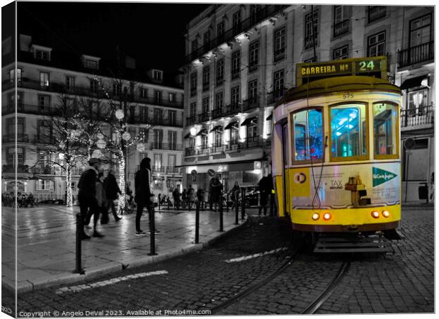 Yellow Electrico at night in Lisbon Canvas Print by Angelo DeVal