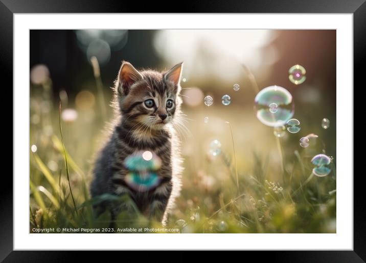 A cute kitten plays with soap bubbles in the flat grass created  Framed Mounted Print by Michael Piepgras