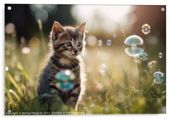 A cute kitten plays with soap bubbles in the flat grass created  Acrylic by Michael Piepgras