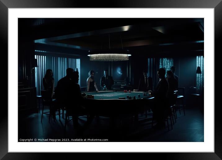 A dark room with the silhouettes of people gambling created with Framed Mounted Print by Michael Piepgras