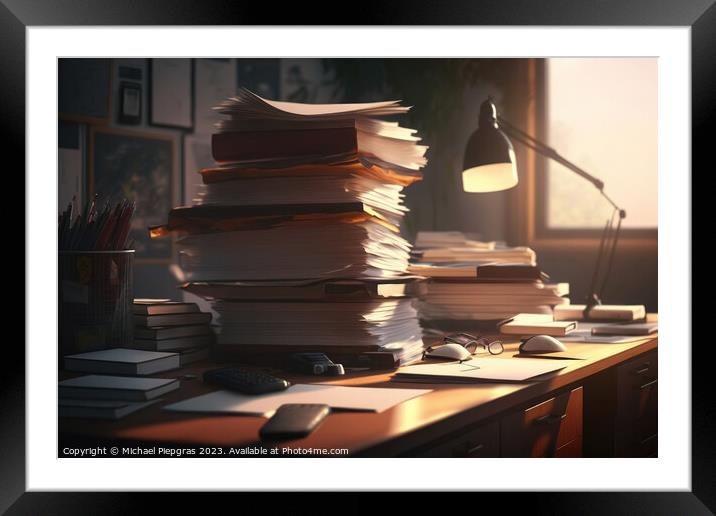 A desk with huge piles of files on it created with generative AI Framed Mounted Print by Michael Piepgras