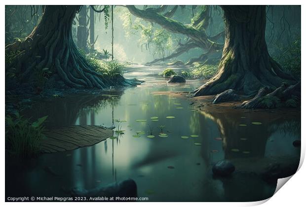 A dark forest with floating water created with generative AI tec Print by Michael Piepgras