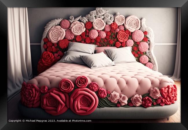 A king size bed made completely of roses created with generative Framed Print by Michael Piepgras