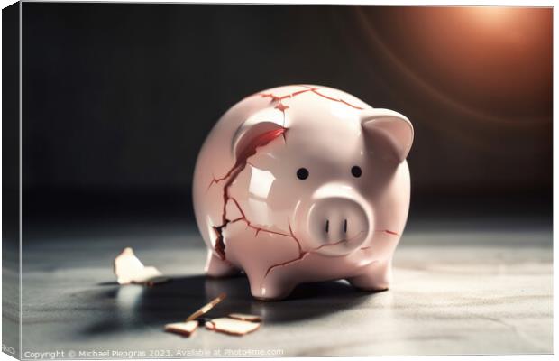 A sad piggy bank with cracks and a plaster indicates insolvency  Canvas Print by Michael Piepgras
