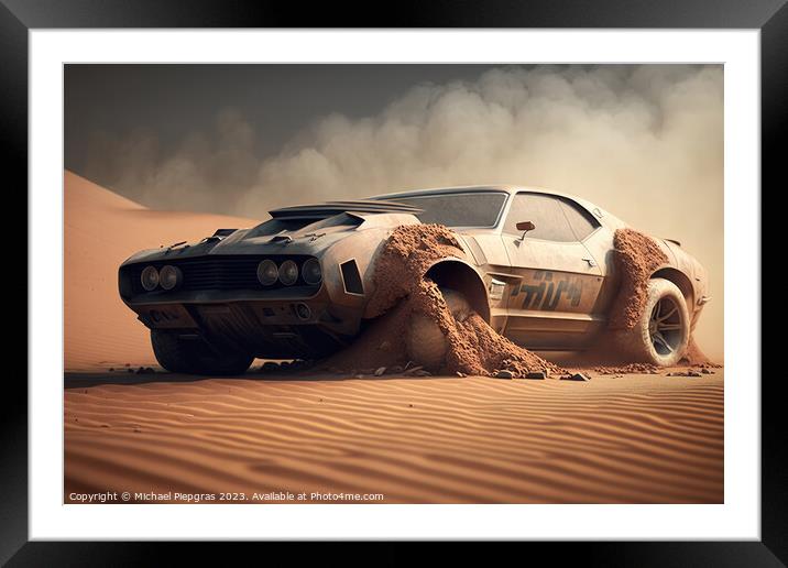 A fast muscle car churns up sand in a desert created with genera Framed Mounted Print by Michael Piepgras