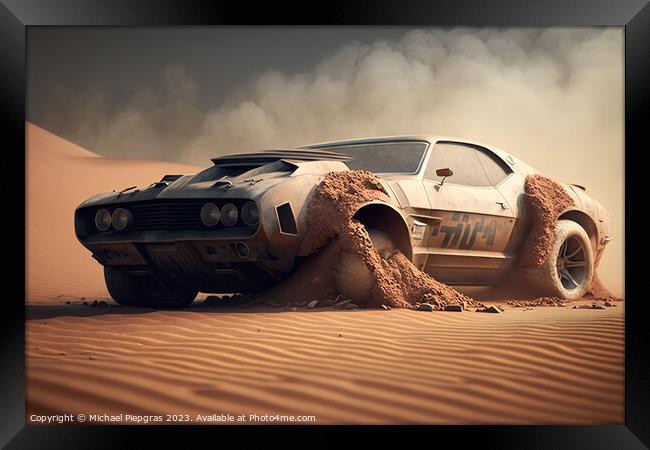 A fast muscle car churns up sand in a desert created with genera Framed Print by Michael Piepgras