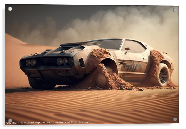 A fast muscle car churns up sand in a desert created with genera Acrylic by Michael Piepgras