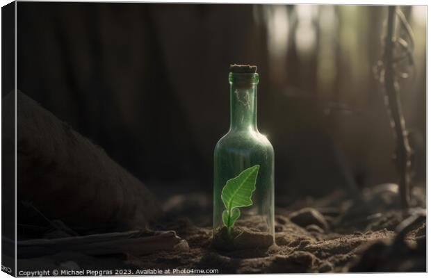 A single green seedling in a glass bottle on an apocalyptic dry  Canvas Print by Michael Piepgras