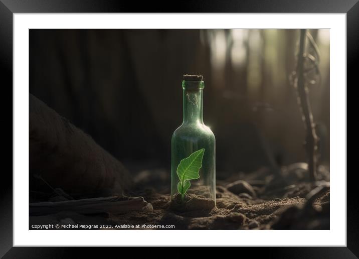 A single green seedling in a glass bottle on an apocalyptic dry  Framed Mounted Print by Michael Piepgras