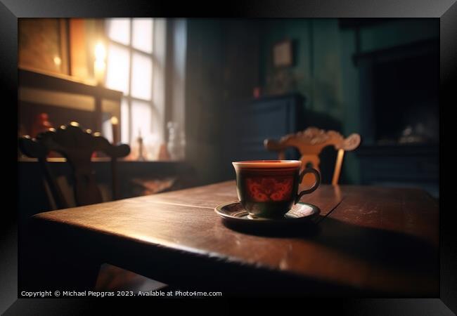 A steaming cup of tea on a table in a cosy old room created with Framed Print by Michael Piepgras