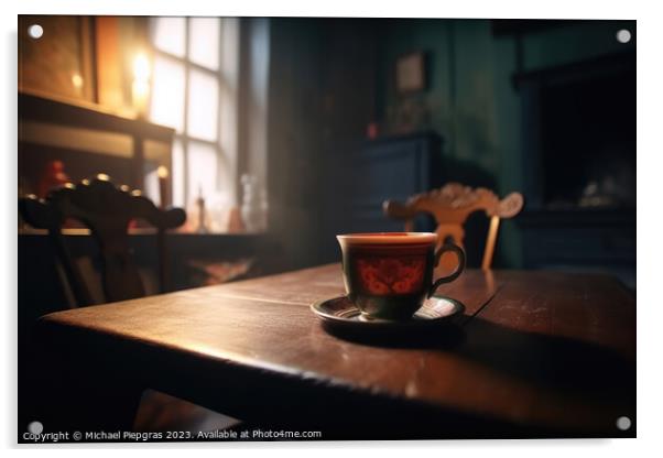 A steaming cup of tea on a table in a cosy old room created with Acrylic by Michael Piepgras
