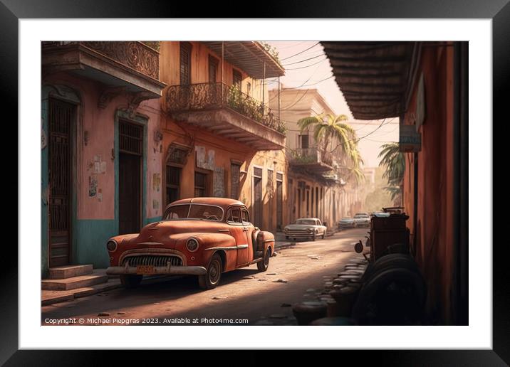 A Street in a town in a cubanic look with a lot of old rusty car Framed Mounted Print by Michael Piepgras