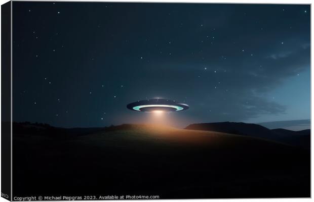 A UFO with a spotlight pointed at the bottom of the landscape -  Canvas Print by Michael Piepgras
