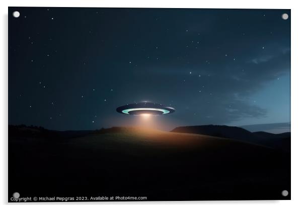 A UFO with a spotlight pointed at the bottom of the landscape -  Acrylic by Michael Piepgras