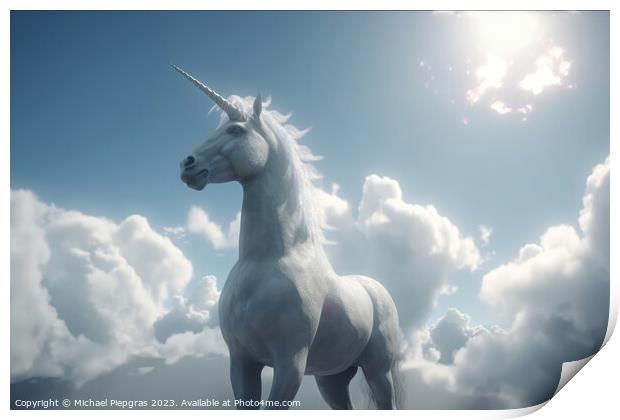 A unicorn in the sky created with generative AI technology. Print by Michael Piepgras