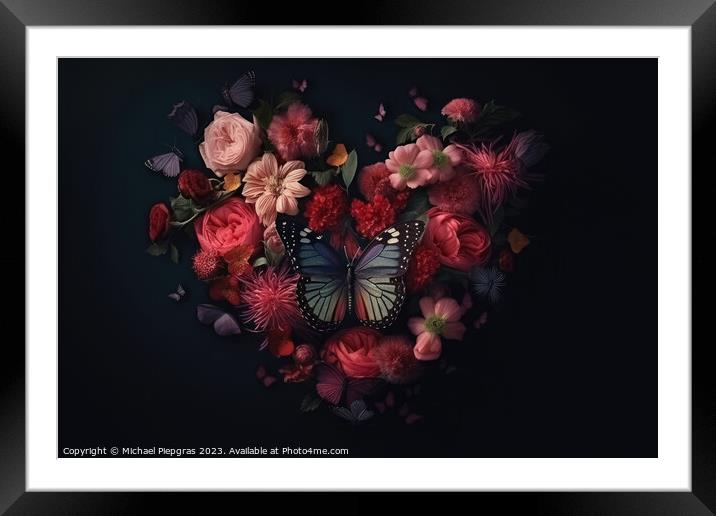 A Valentines Day Heart of Flowers and Butterflies on a Dark Back Framed Mounted Print by Michael Piepgras