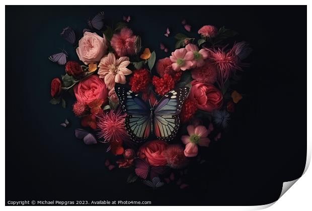 A Valentines Day Heart of Flowers and Butterflies on a Dark Back Print by Michael Piepgras