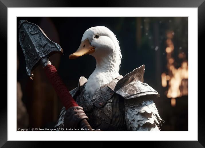 A white duck as a barbarian with a big axe and shining armour cr Framed Mounted Print by Michael Piepgras
