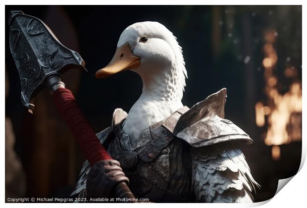 A white duck as a barbarian with a big axe and shining armour cr Print by Michael Piepgras