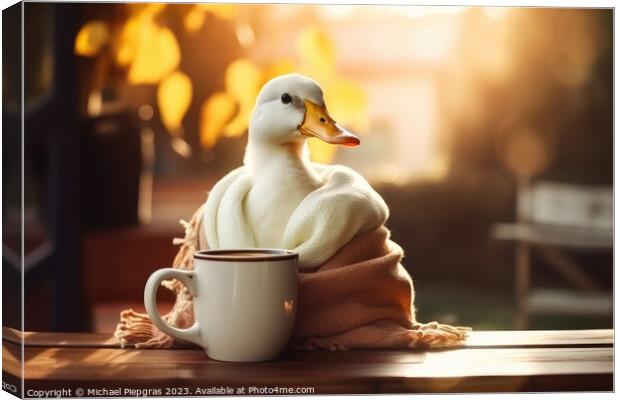 A white duck wearing a scarf and having a coffee created with ge Canvas Print by Michael Piepgras