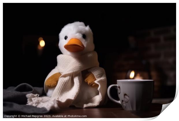 A white duck wearing a scarf and having a coffee created with ge Print by Michael Piepgras