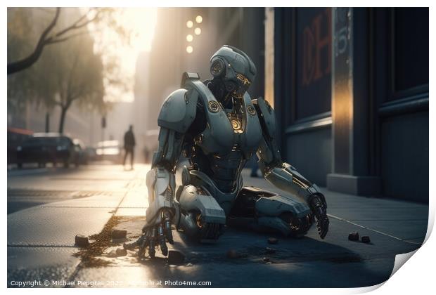 A homeless AI robot sitting on a street corner begging for a few Print by Michael Piepgras