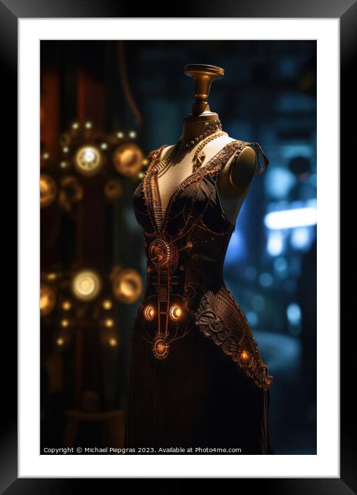 An innovative and elegant dress in a steampunk look on a Mannequ Framed Mounted Print by Michael Piepgras