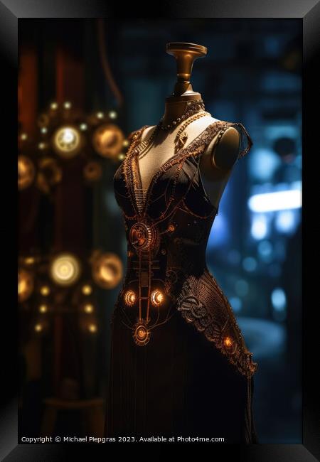 An innovative and elegant dress in a steampunk look on a Mannequ Framed Print by Michael Piepgras