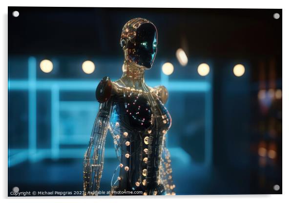 An innovative and elegant modern dress made of electronics on a  Acrylic by Michael Piepgras