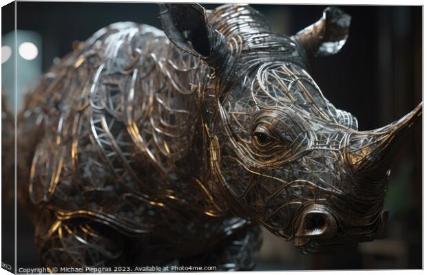 Photo realistic wire sculpting metal rhino created with generati Canvas Print by Michael Piepgras