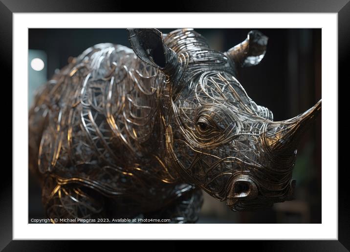 Photo realistic wire sculpting metal rhino created with generati Framed Mounted Print by Michael Piepgras