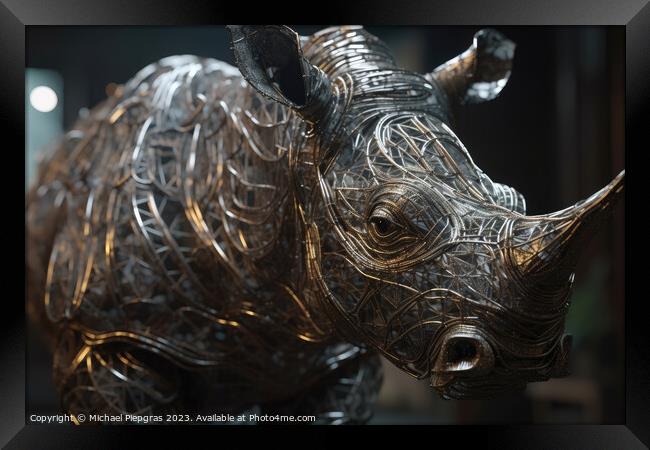 Photo realistic wire sculpting metal rhino created with generati Framed Print by Michael Piepgras