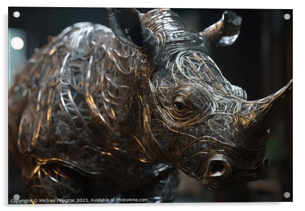 Photo realistic wire sculpting metal rhino created with generati Acrylic by Michael Piepgras