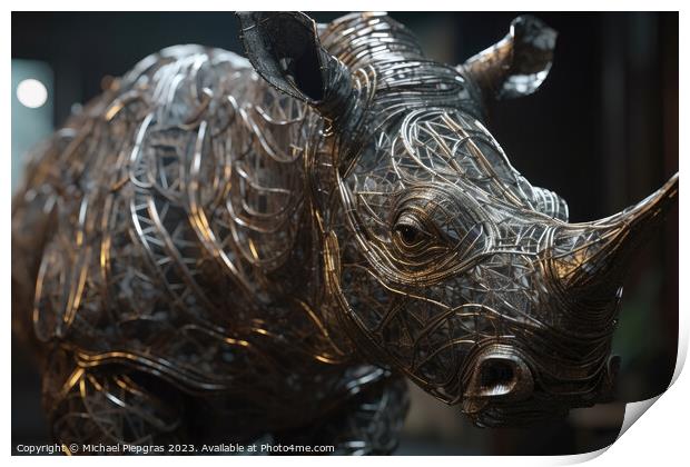 Photo realistic wire sculpting metal rhino created with generati Print by Michael Piepgras