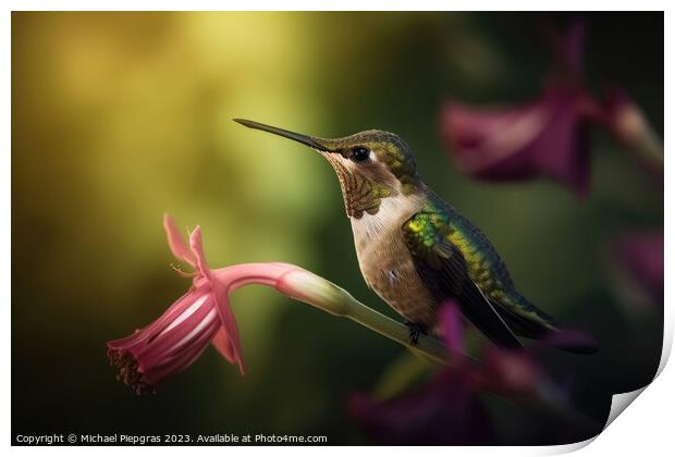 Portrait of a Green Hummingbird on a Flower created with generat Print by Michael Piepgras