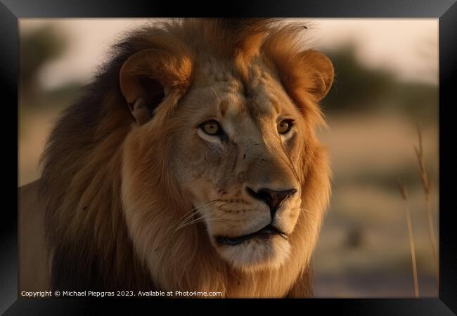 Portrait of a strong male lion with the African savanna in the b Framed Print by Michael Piepgras