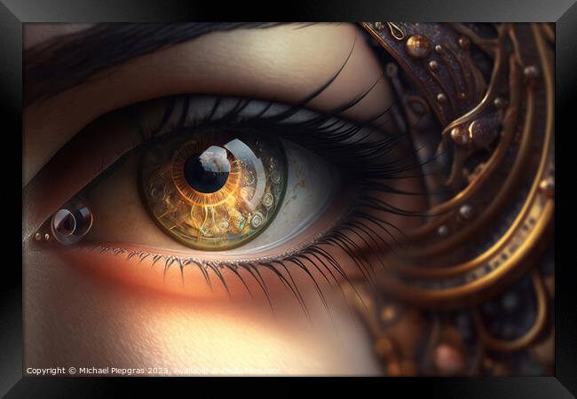 Close up of a female eye in steampunk style created with generat Framed Print by Michael Piepgras