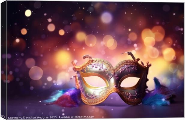 Venetian carnival mask with shiny lights and a defocused bokeh c Canvas Print by Michael Piepgras