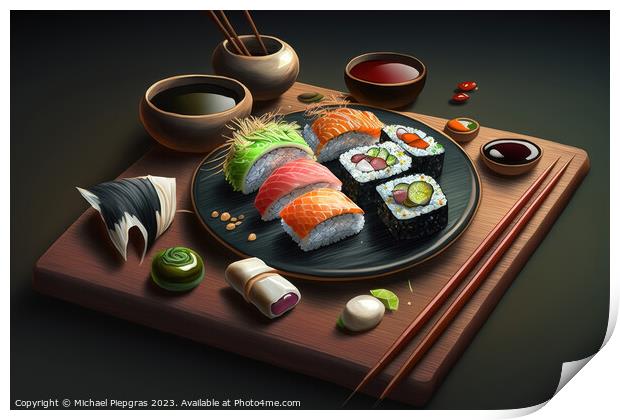 Very tasty sushi served on a dark wooden plate with chopsticks a Print by Michael Piepgras
