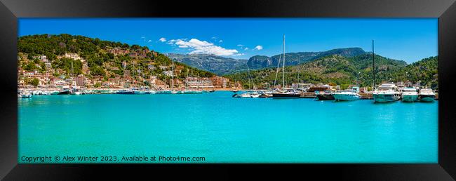 Panoramic seaside landscape view of yachts at bay  Framed Print by Alex Winter