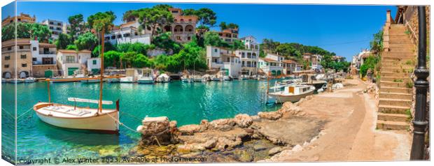 Panoramic view of traditional fisher town harbour Canvas Print by Alex Winter
