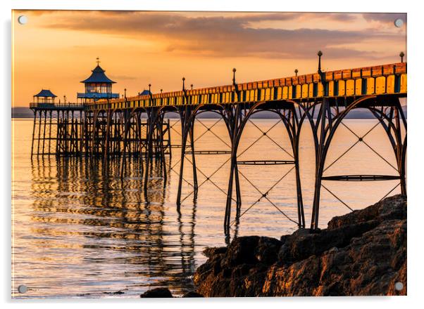 Clevedon Pier at Sunset sunlight reflecting onto the sea Acrylic by Rory Hailes