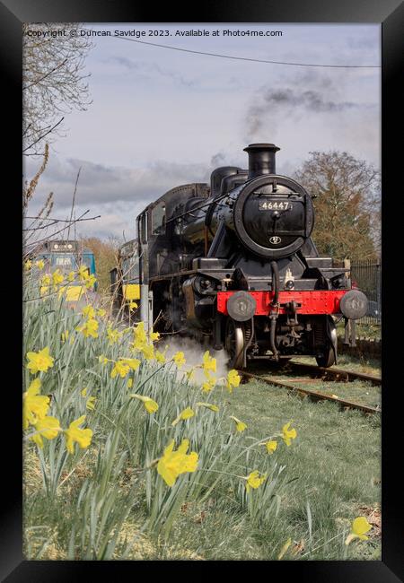 46447 Ivatt at East Somerset Railway against the daffodils  - steam train Framed Print by Duncan Savidge
