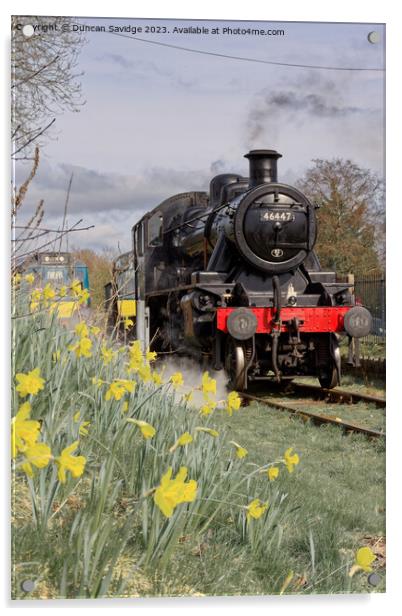 46447 Ivatt at East Somerset Railway against the daffodils  - steam train Acrylic by Duncan Savidge