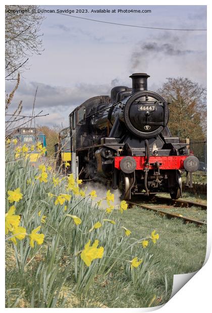 46447 Ivatt at East Somerset Railway against the daffodils  - steam train Print by Duncan Savidge