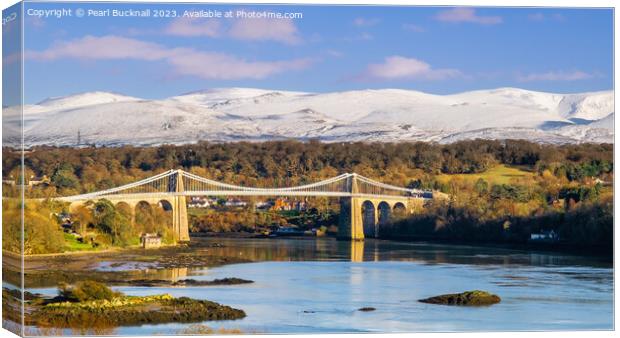 Menai Strait and Mountains from Anglesey Pano Canvas Print by Pearl Bucknall