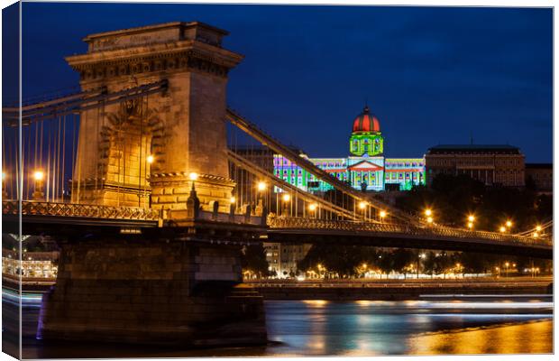 Chain Bridge and Buda Castle in Budapest at Night Canvas Print by Artur Bogacki
