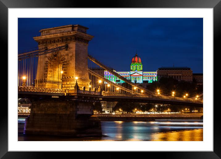 Chain Bridge and Buda Castle in Budapest at Night Framed Mounted Print by Artur Bogacki