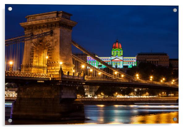 Chain Bridge and Buda Castle in Budapest at Night Acrylic by Artur Bogacki
