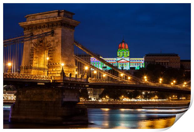 Chain Bridge and Buda Castle in Budapest at Night Print by Artur Bogacki